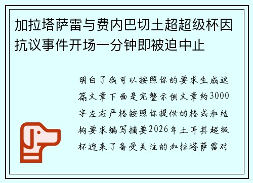 加拉塔萨雷与费内巴切土超超级杯因抗议事件开场一分钟即被迫中止