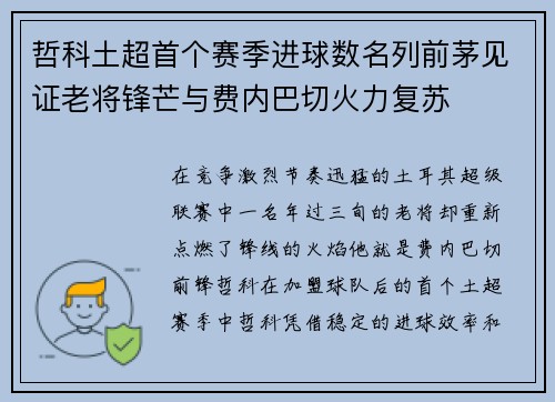 哲科土超首个赛季进球数名列前茅见证老将锋芒与费内巴切火力复苏