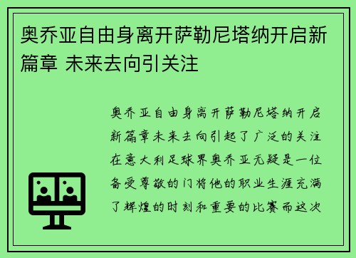 奥乔亚自由身离开萨勒尼塔纳开启新篇章 未来去向引关注